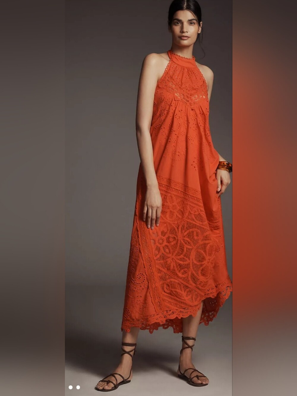 Anthropologie Halter Cutwork Lace Maxi Long Open Back Orange Red Boho Dress L